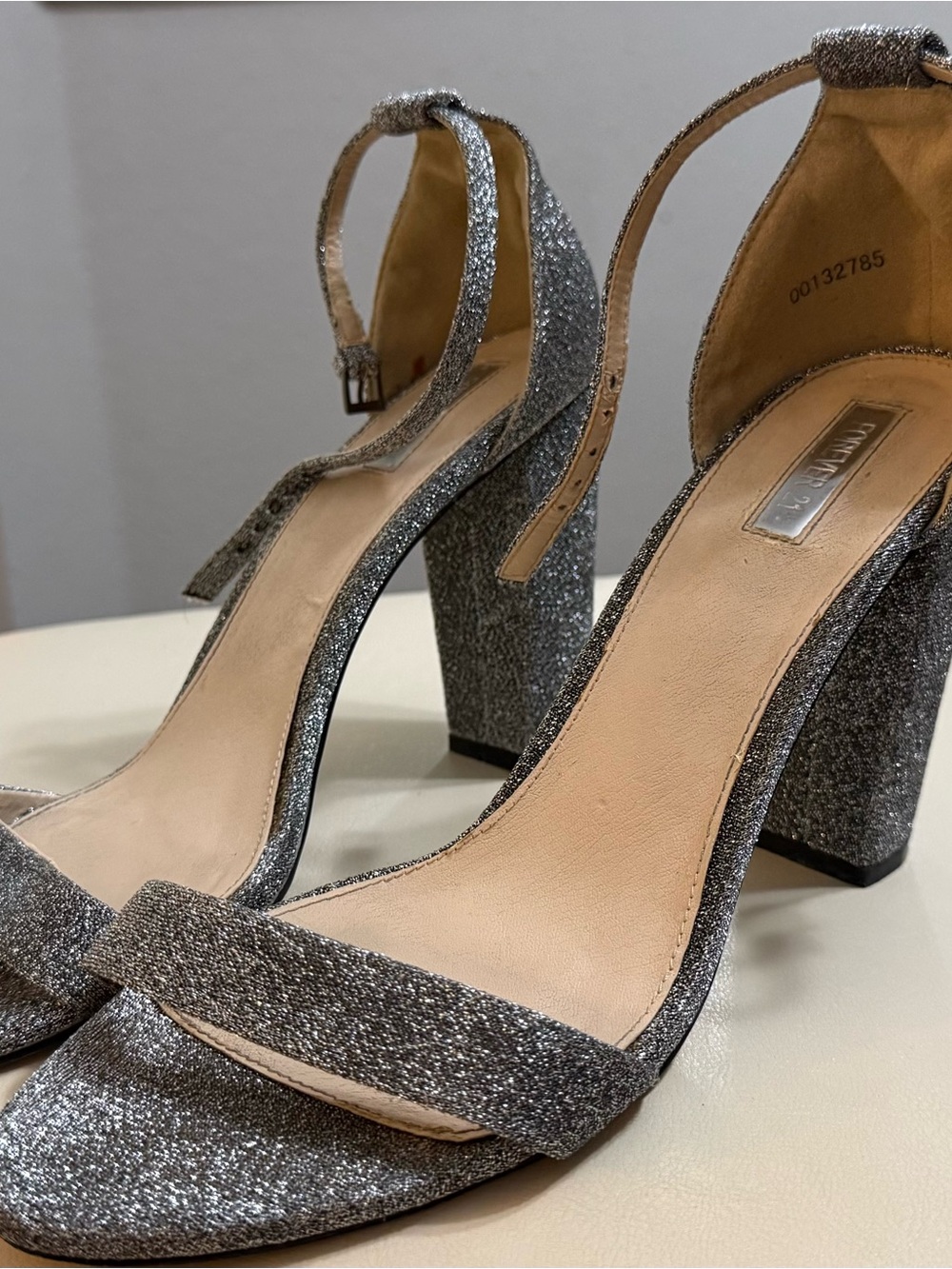 Glitter Block Heel Ankle Strap Sandals - Silver